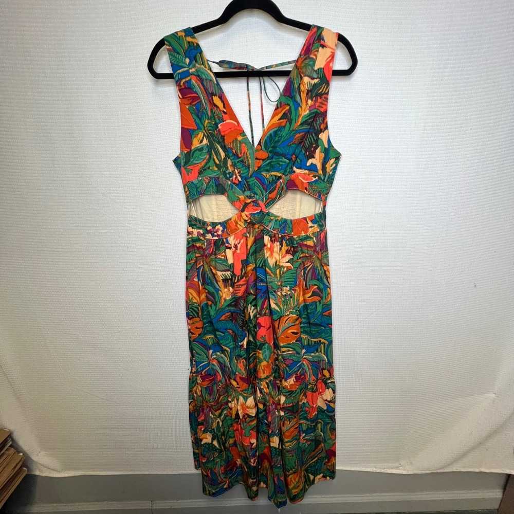 Dress Forum Tropical Floral Cutout Maxi Dress Tie Back Smocked Waist Size L - Picture 5 of 10